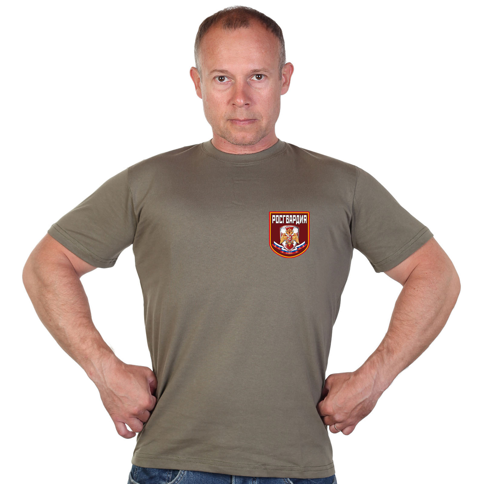 Оливковая футболка с термотрансфером "Росгвардия" 