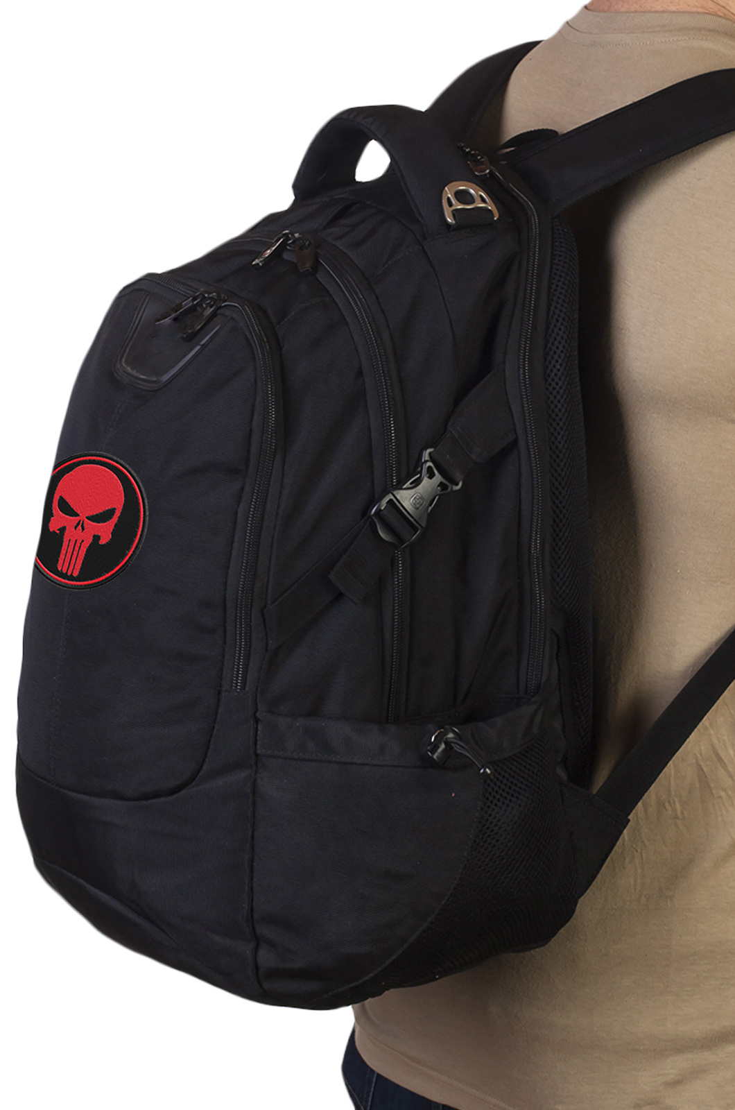 Черный крутой рюкзак с нашивкой Каратель (29 л) 