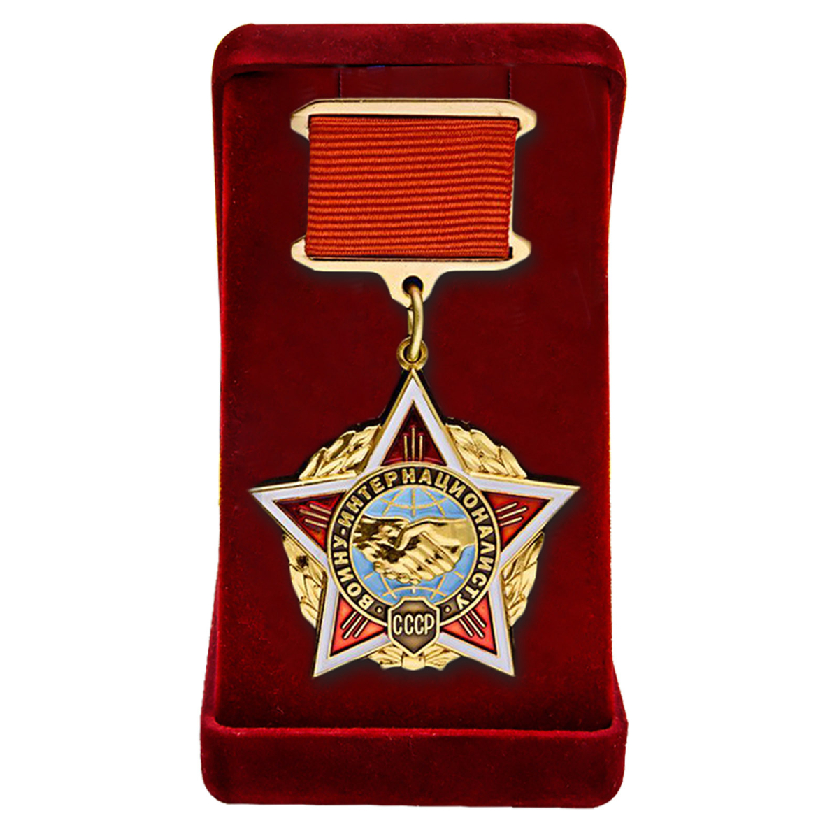 Нагрудный знак «Воину-интернационалисту» в бархатистом футляре 