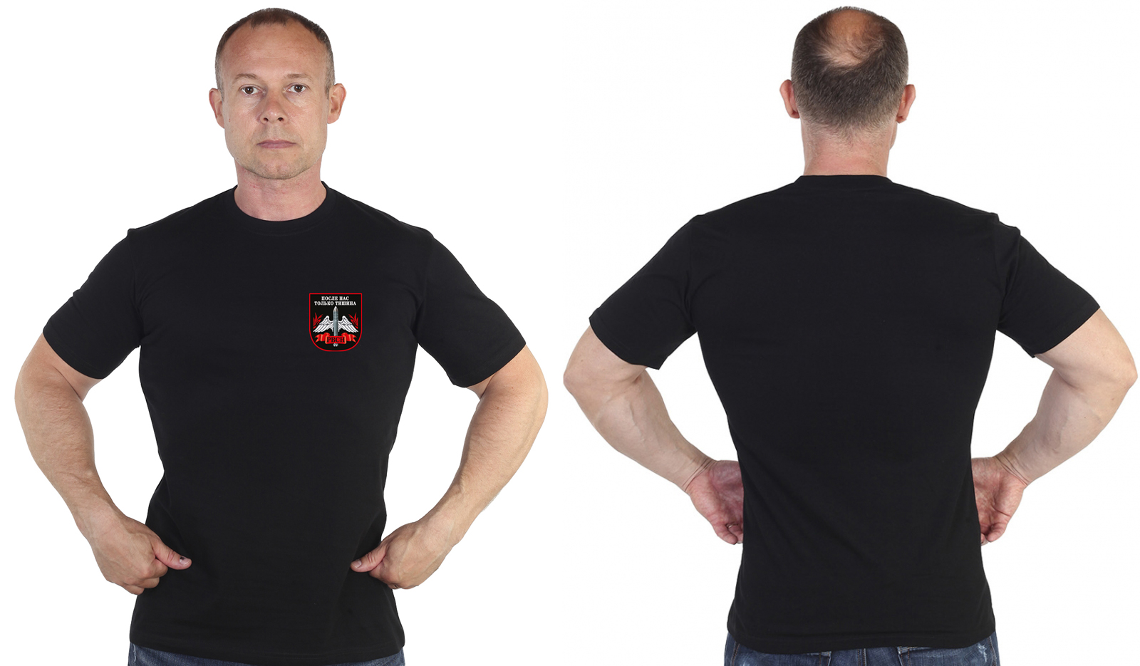 Чёрная футболка с термотрансфером "РВСН" 