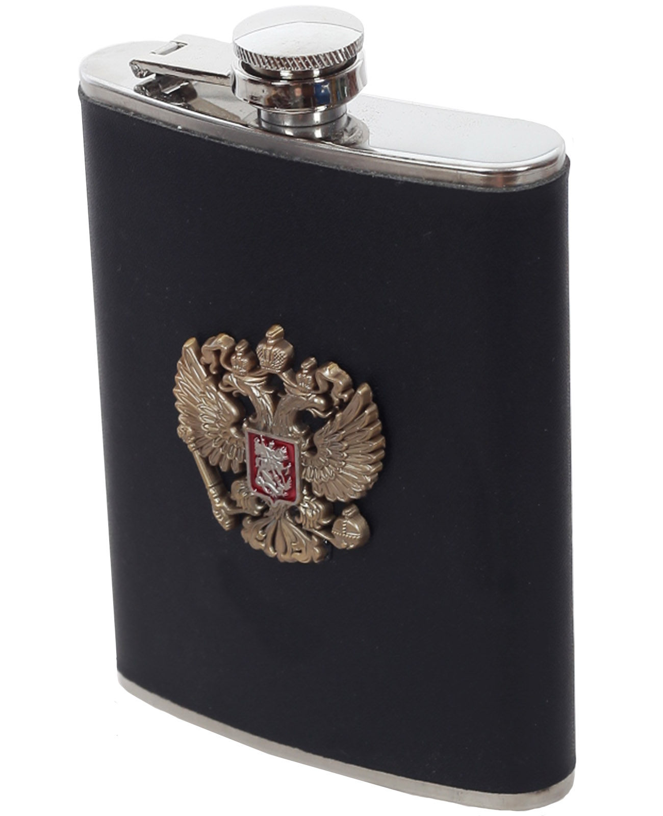 Фляжка для алкоголя с металлическим гербом России 