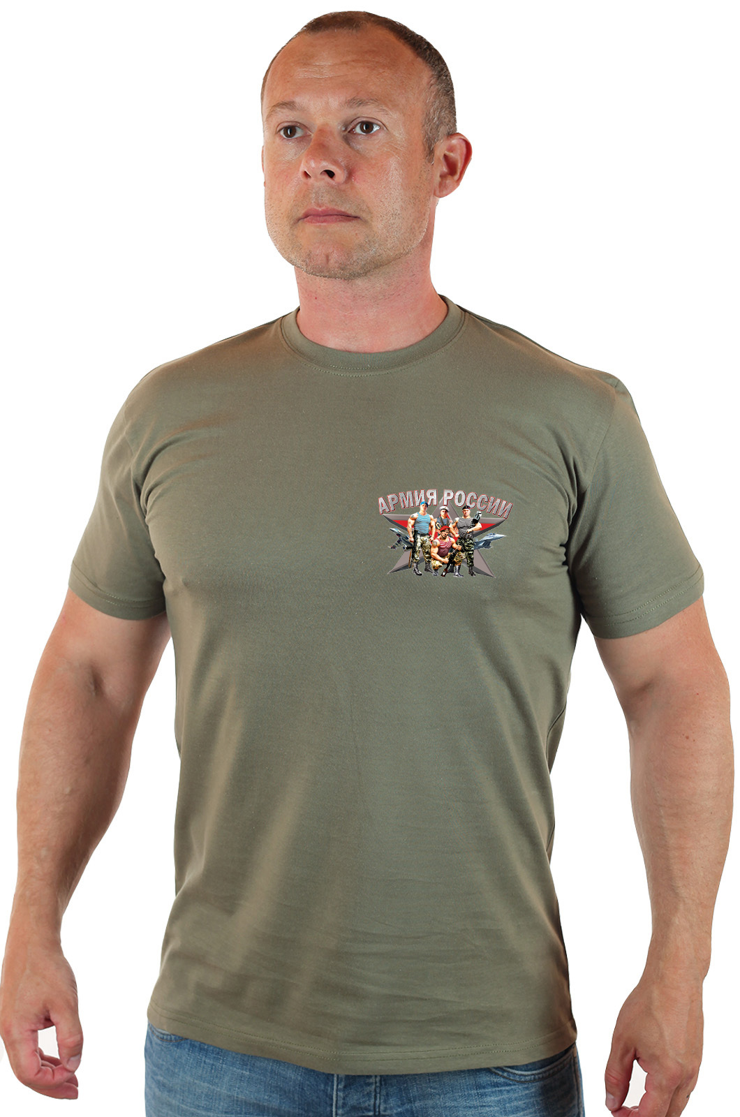 Удобная оливковая футболка с символикой Армии России 