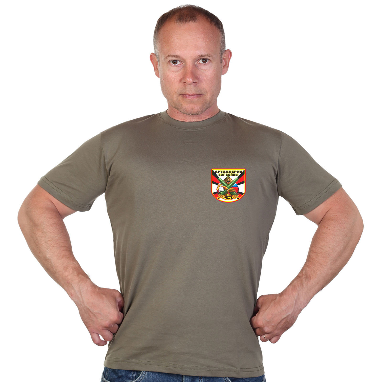 Оливковая футболка с термотрансфером "РВиА" 