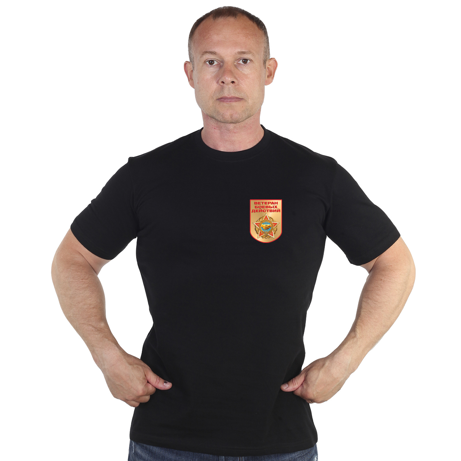 Чёрная футболка с термотрансфером "Ветеран боевых действий" 