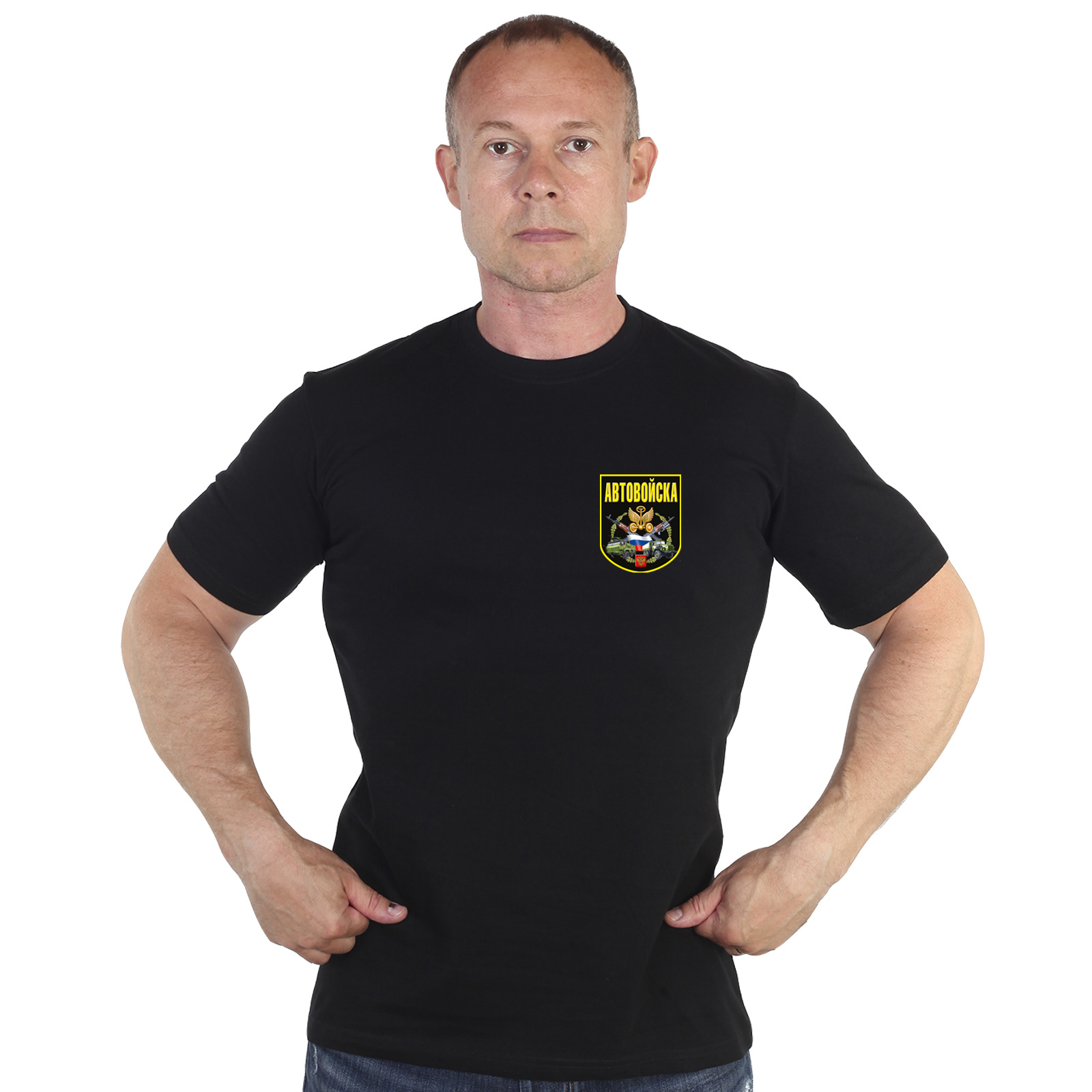 Чёрная футболка с термотрансфером "Автовойска" 