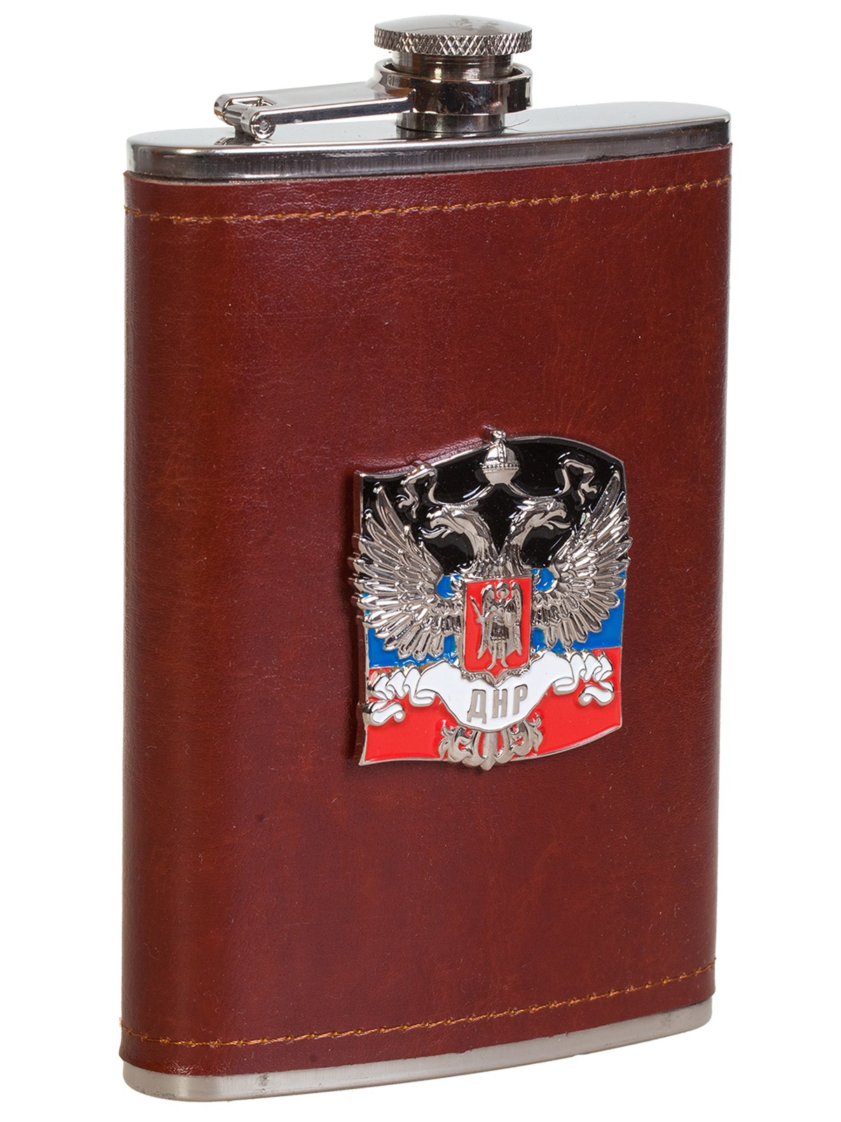 Плоская нержавеющая фляжка в чехле с накладкой ДНР 