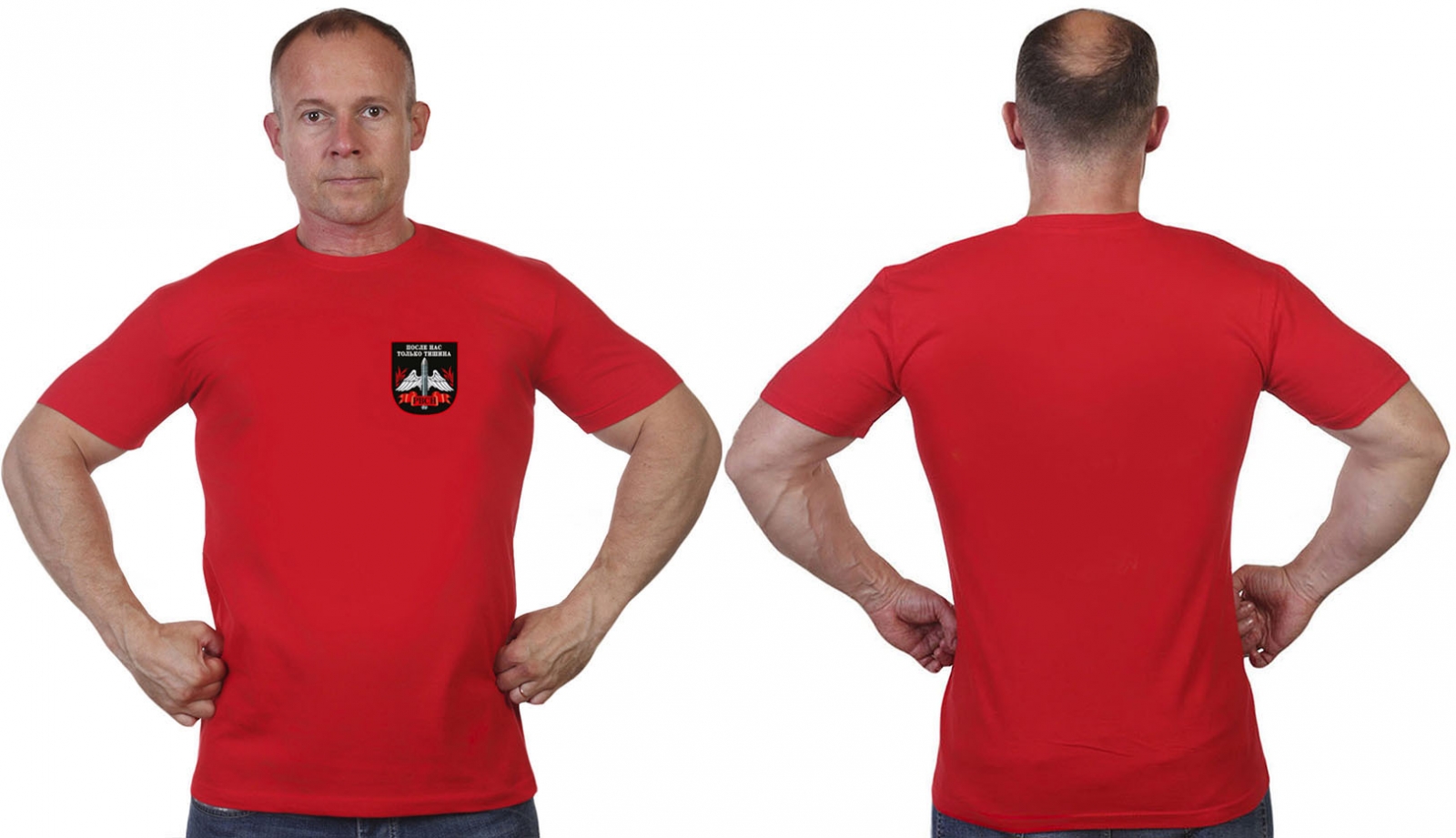 Красная футболка с термотрансфером "РВСН" 