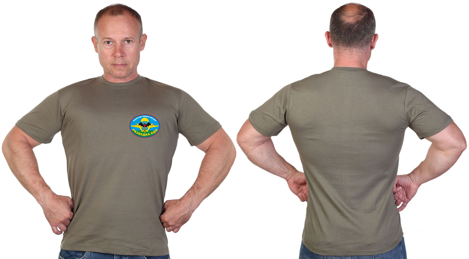 Оливковая футболка с ярким термотрансфером "Разведка ВДВ" 