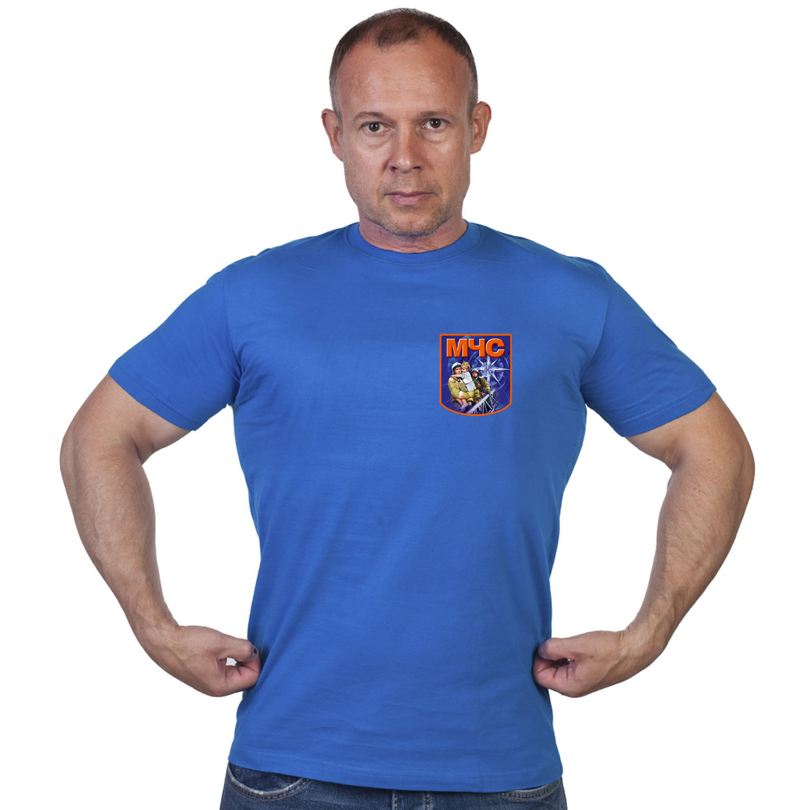 Васильковая футболка с термотрансфером "МЧС" 
