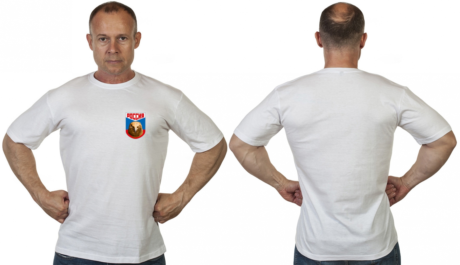Белая футболка "Россия" с термотрансфером орла 