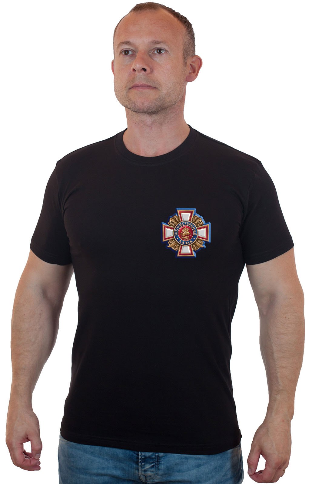 Классная футболка с термотрансфером "Потомственный казак" 
