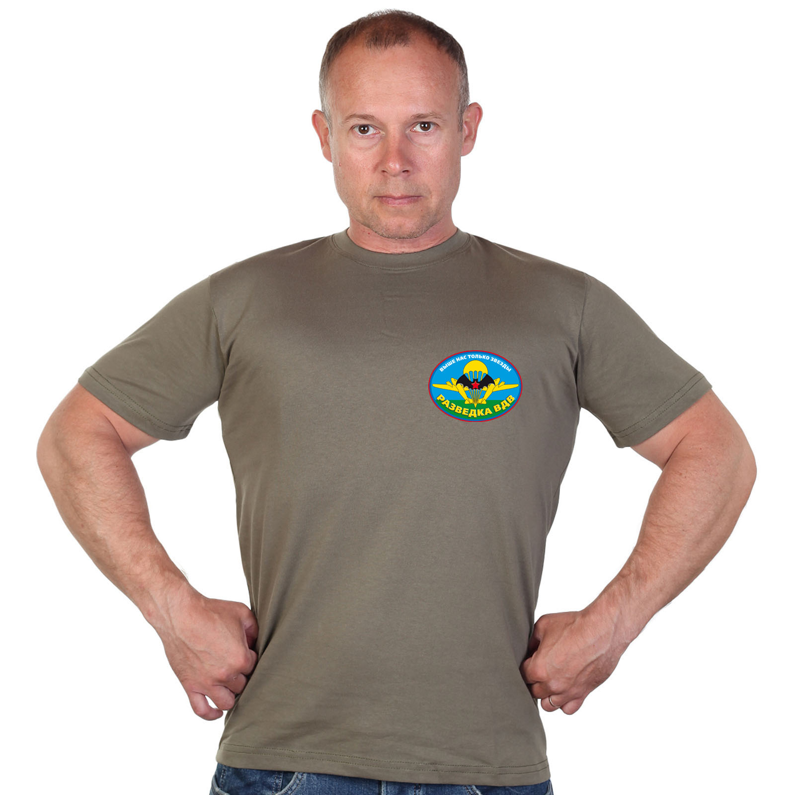 Оливковая футболка с ярким термотрансфером "Разведка ВДВ" 
