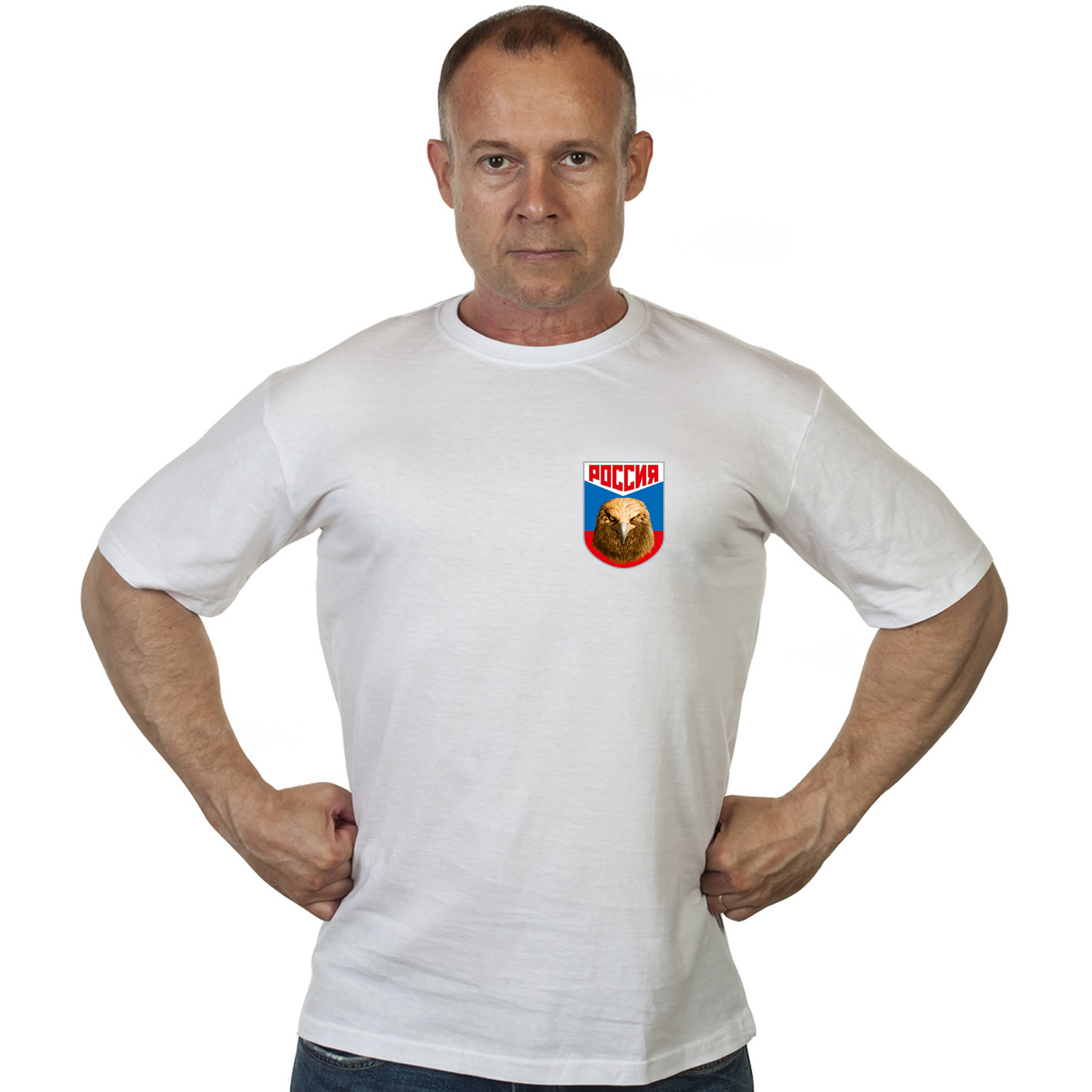 Белая футболка "Россия" с термотрансфером орла 