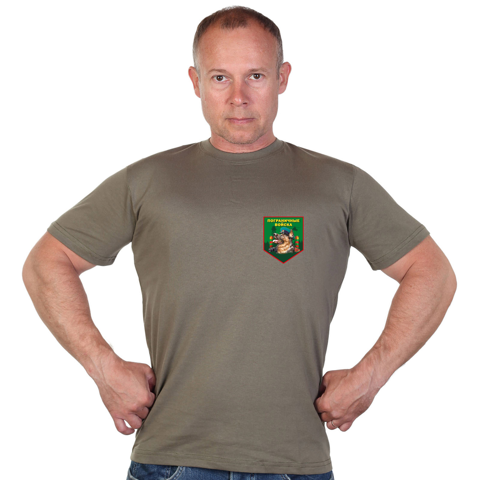Оливковая футболка с термотрансфером "Пограничные войска" 