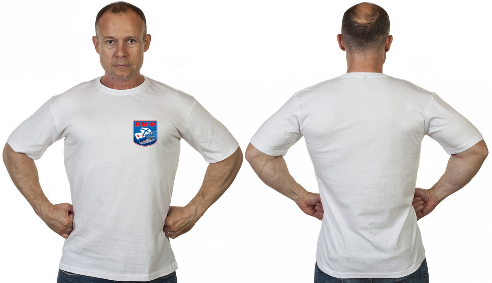 Васильковая футболка с термотрансфером "ВМФ" 