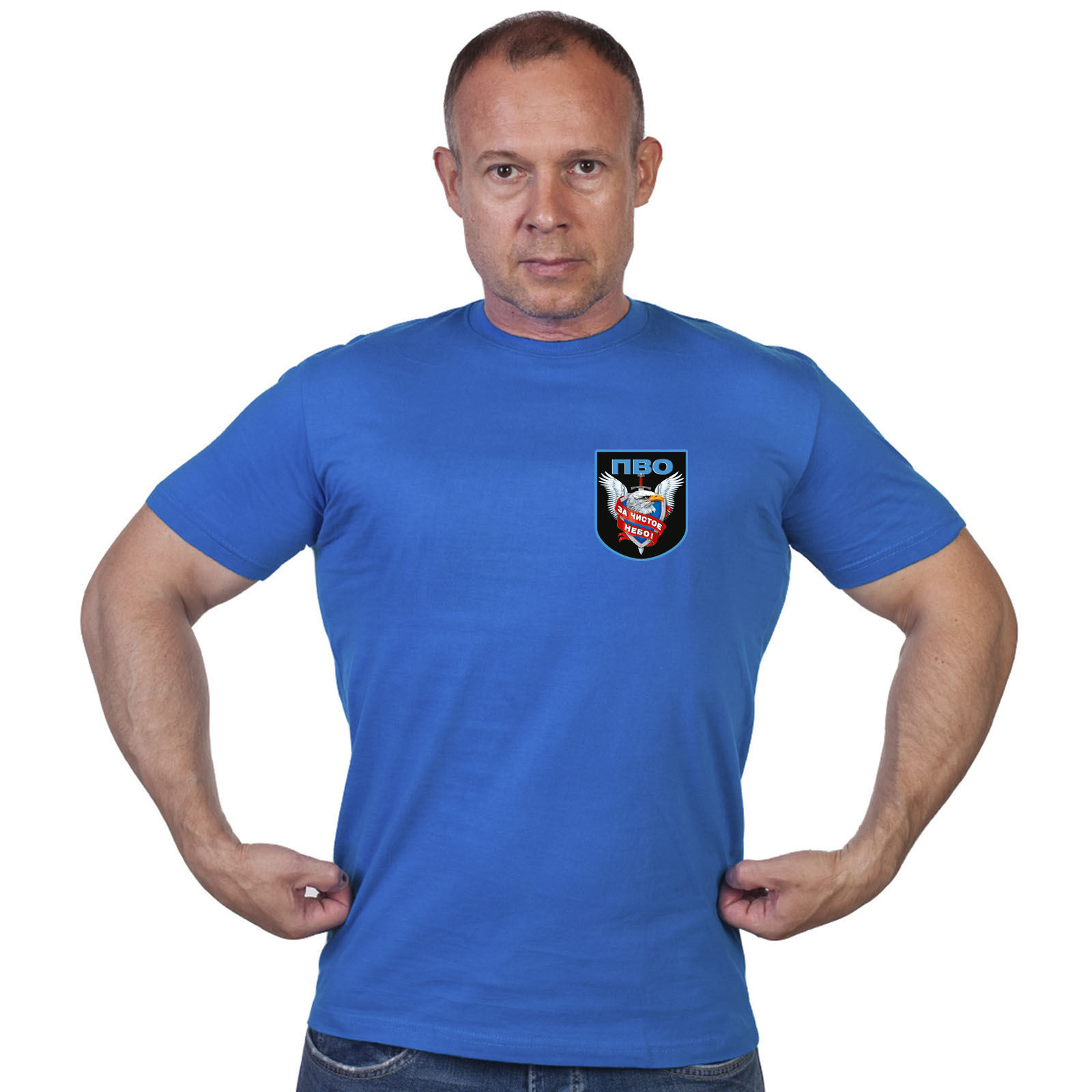 Васильковая футболка с термотрансфером "ПВО" 