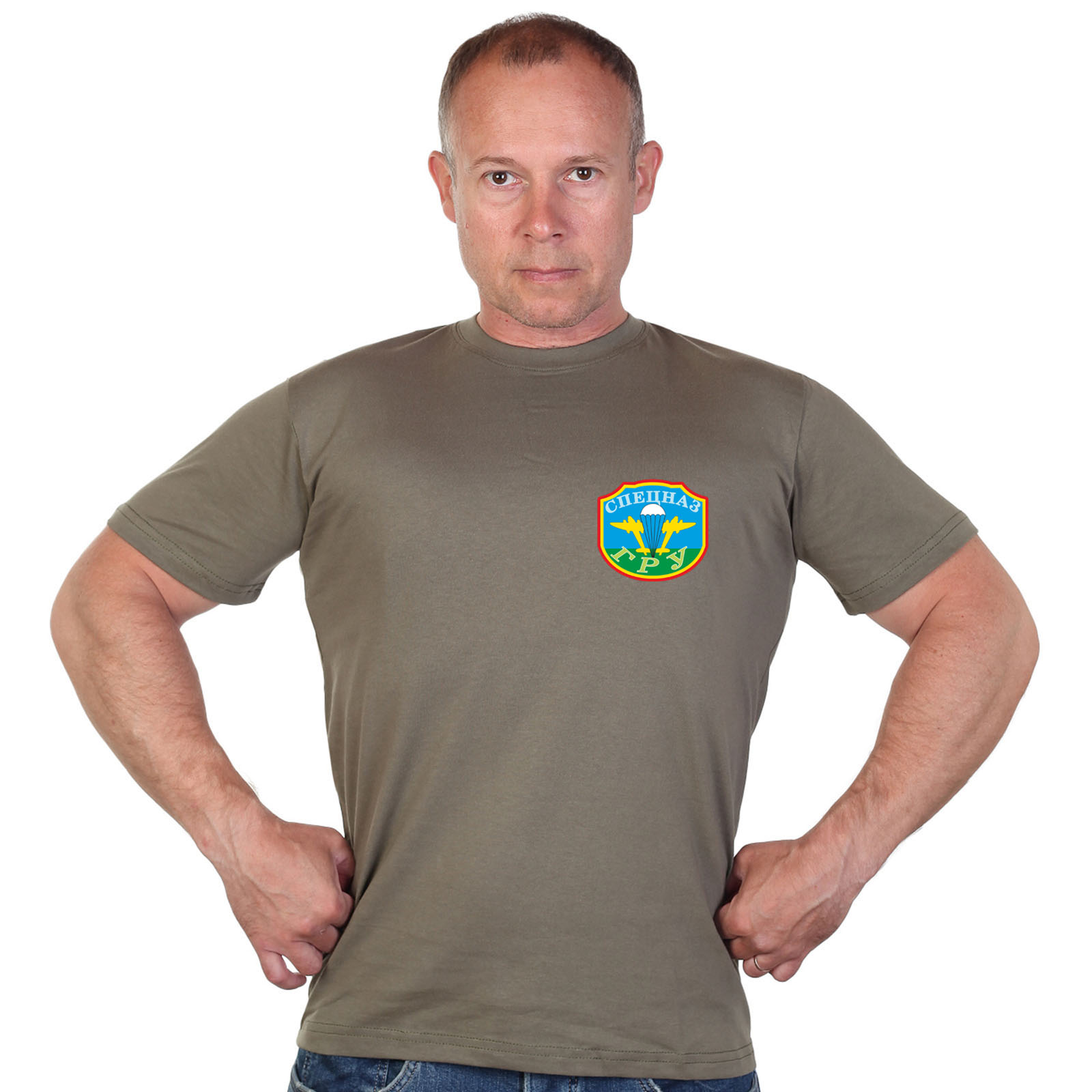 Оливковая футболка с термотрансфером Спецназа ГРУ 
