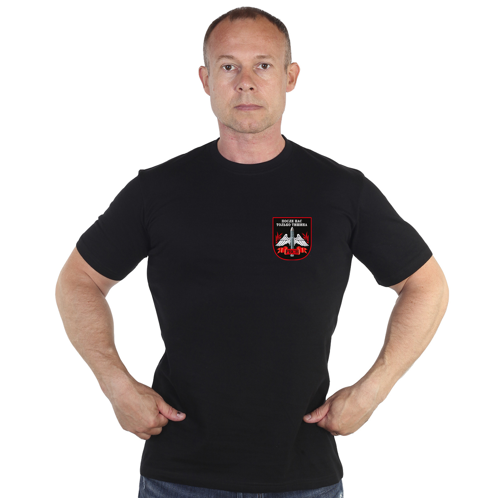 Чёрная футболка с термотрансфером "РВСН" 