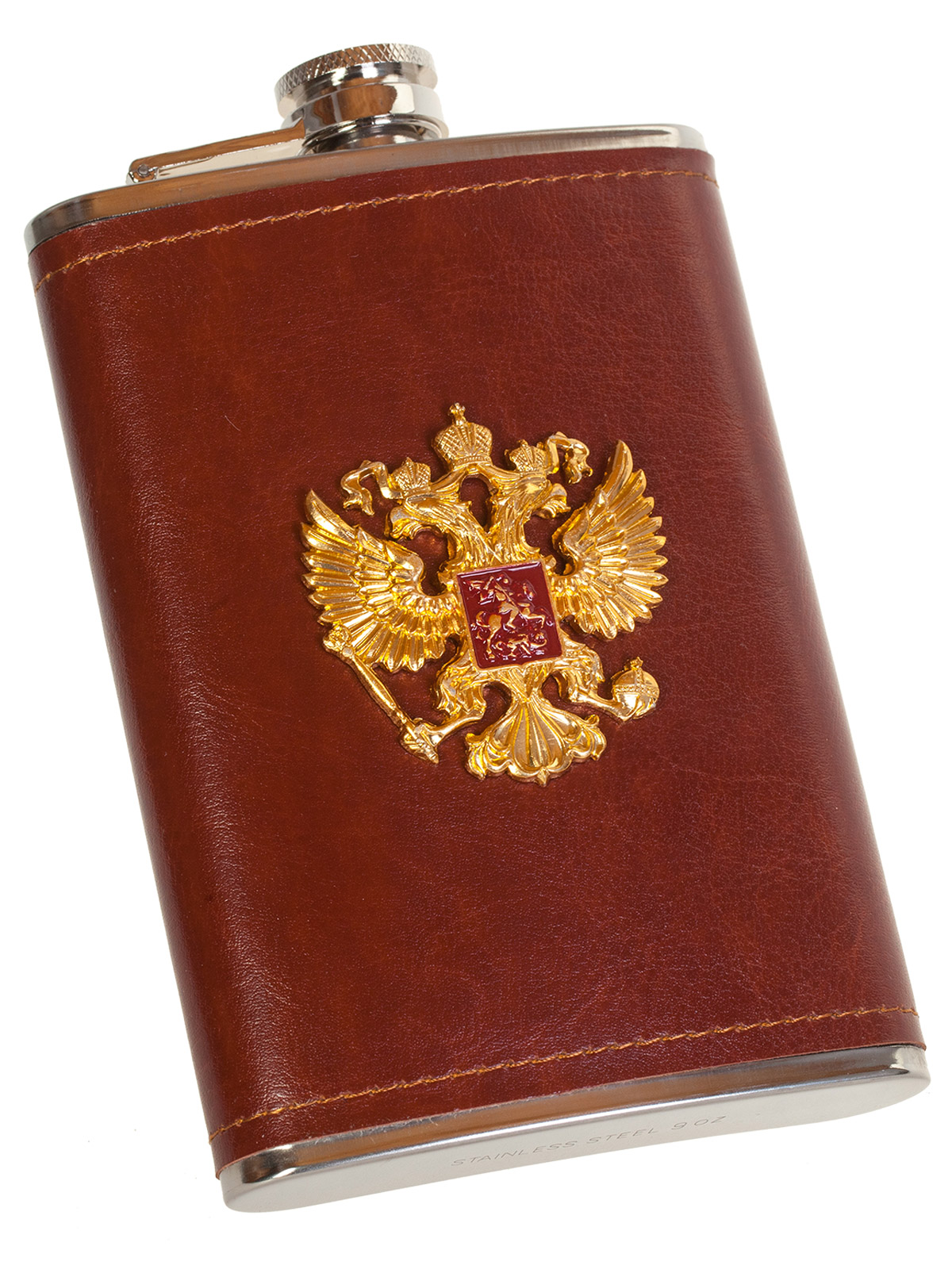 Плоская нержавеющая фляжка в чехле с накладкой Герб России 