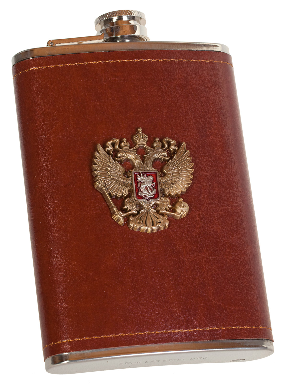 Плоская подарочная фляжка с накладкой Герб РФ 