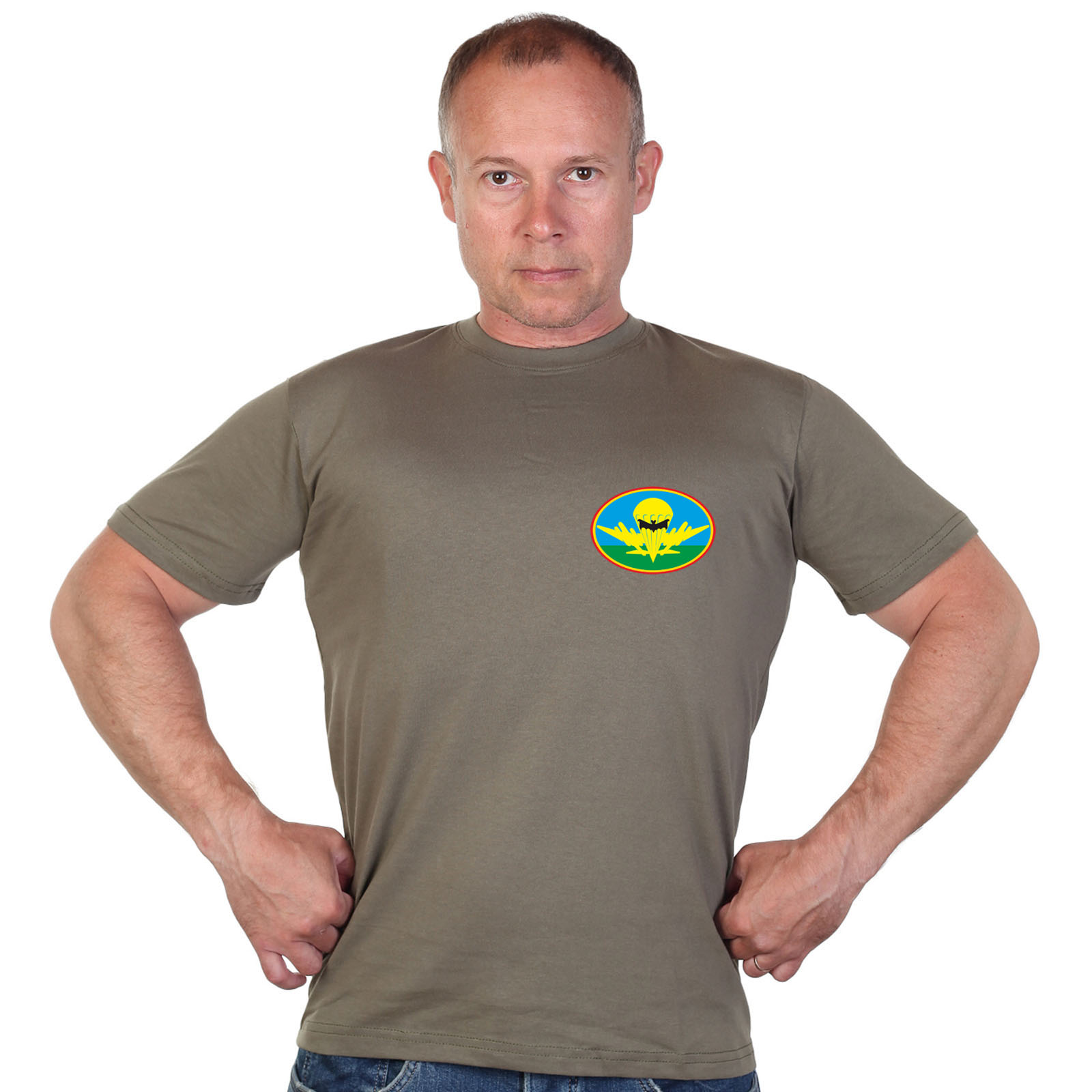 Оливковая футболка с термотрансфером-эмблемой разведки ВДВ 