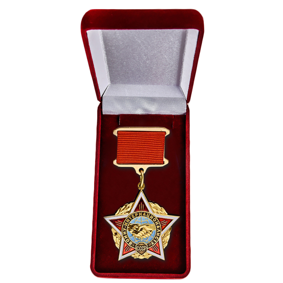 Нагрудный знак «Воину-интернационалисту» в бархатистом футляре 