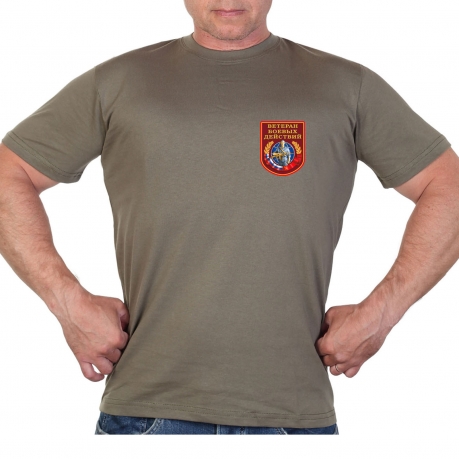 Оливковая футболка с термотрансфером "Ветеран боевых действий" 
