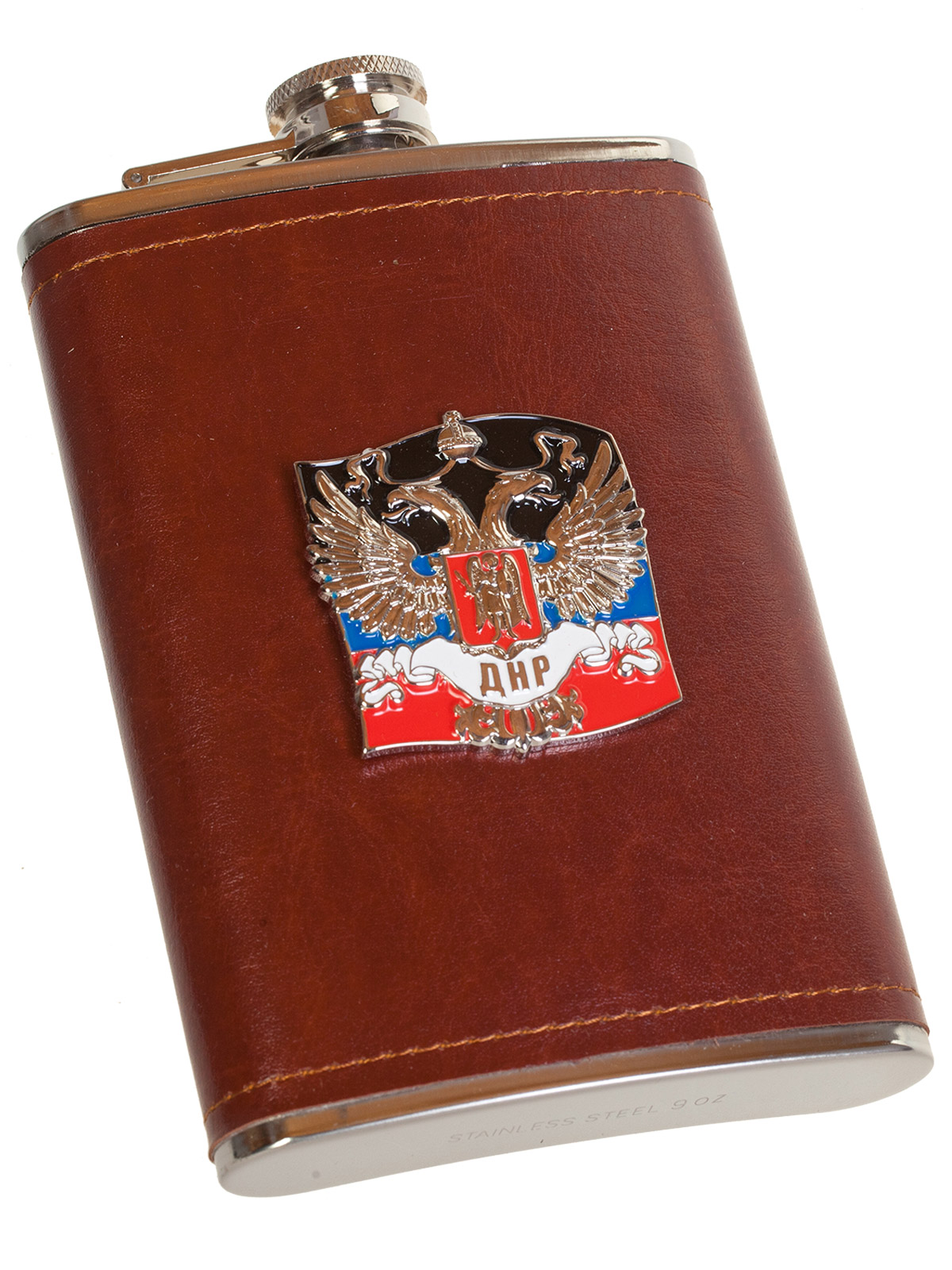 Плоская нержавеющая фляжка в чехле с накладкой ДНР 